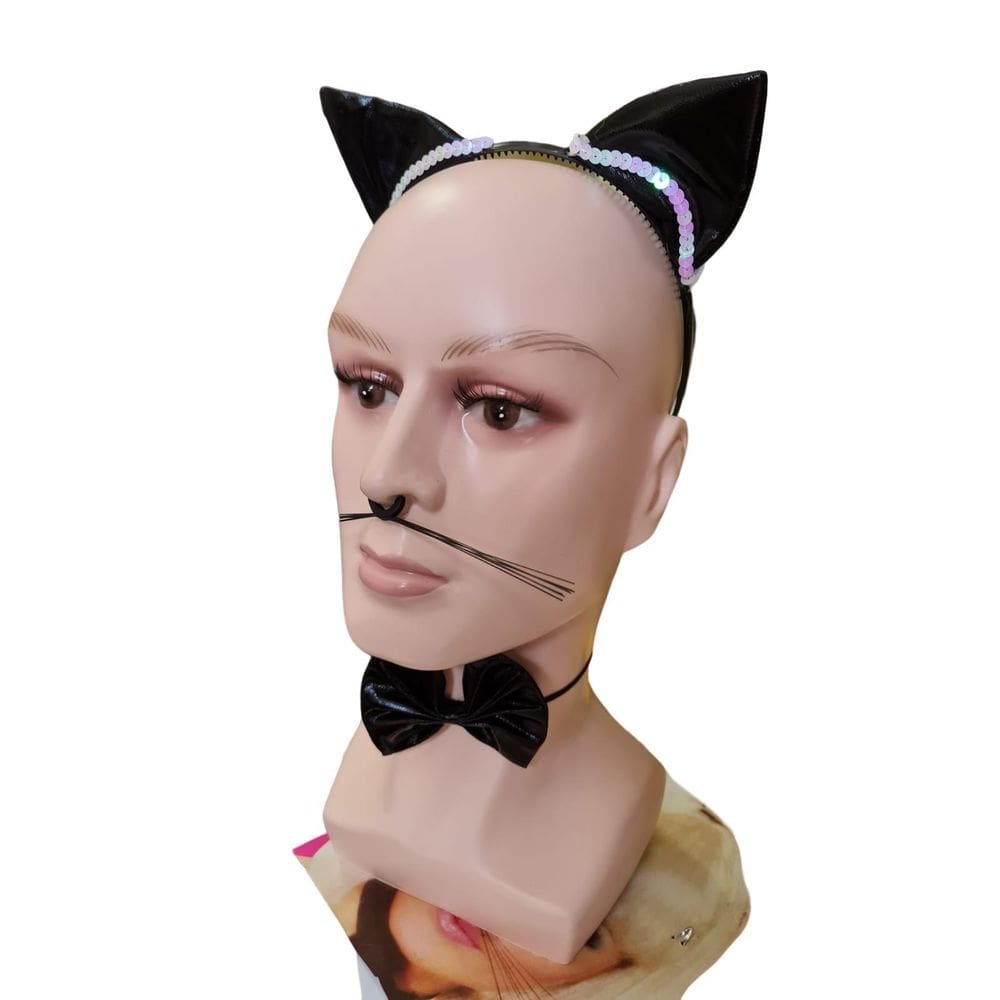Kit De Fantasia Gatinha Arco Orelhinha Bigode Gravatinha