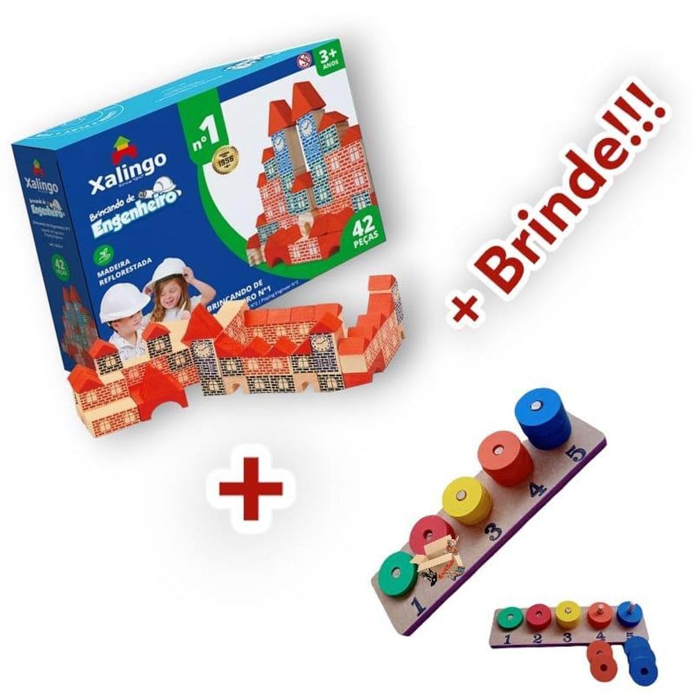 Kit Blocos Engenheiro + Brinquedo Pedagógico Madeira + Brind
