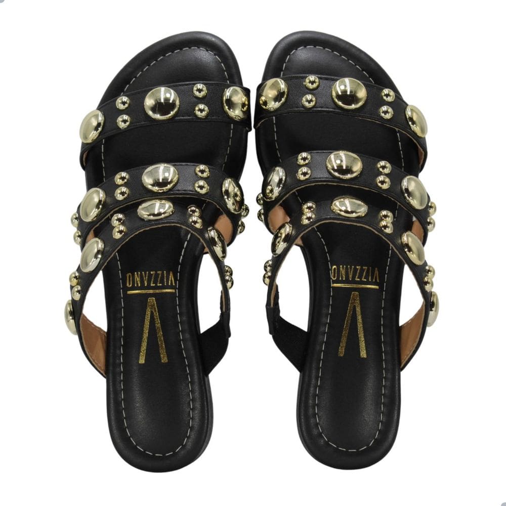 Tamanco Feminino Rasteira Vizzano Preto Pedraria Dourado