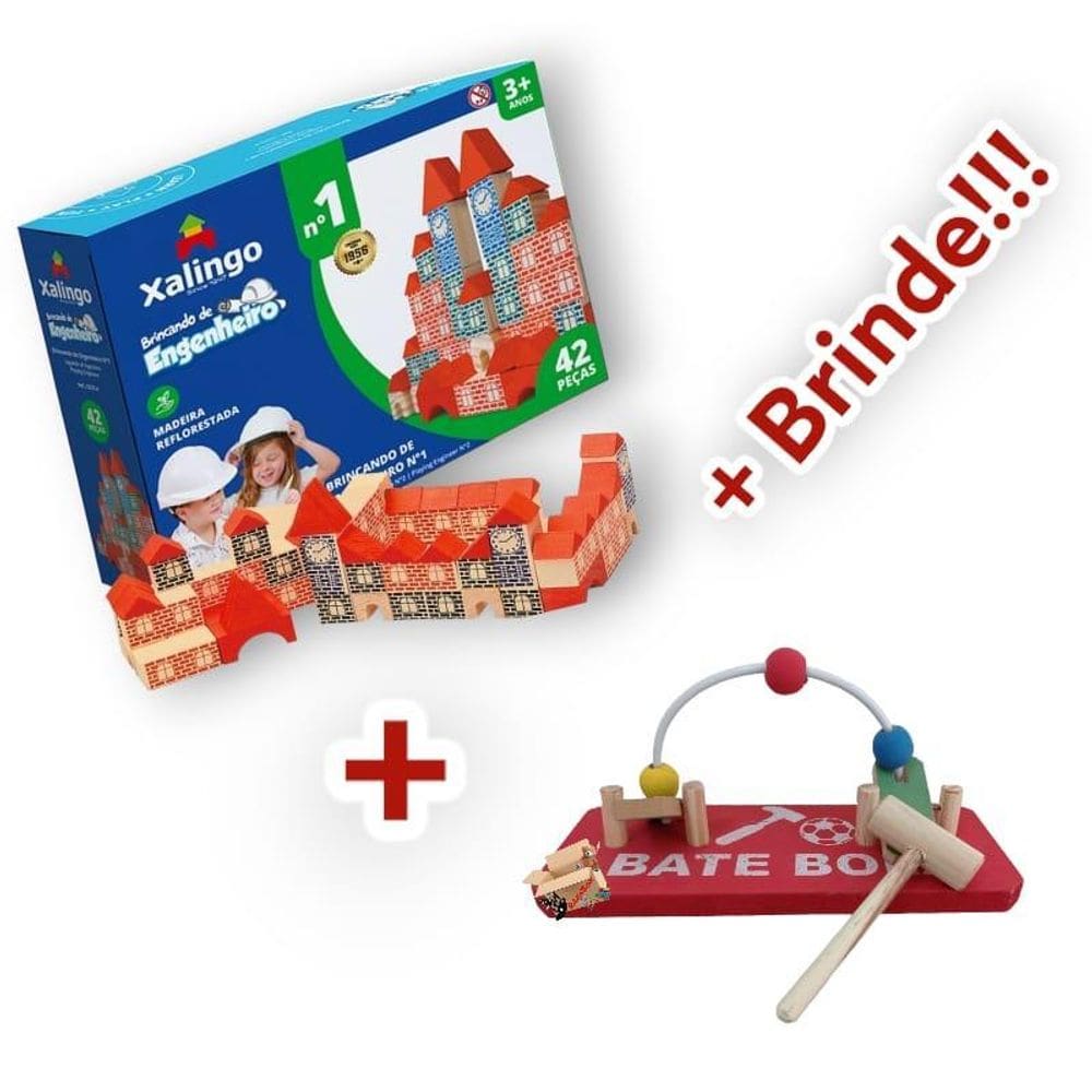 Kit Blocos Engenheiro + Brinquedo Pedagógico Madeira + Brind