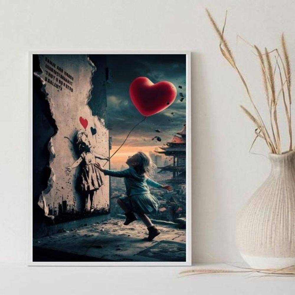 Quadro Arte Menina Balão Coração 33X24Cm - Com Vidro