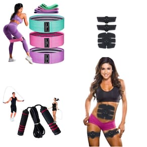 Kit 3 Faixas + Corda De Pular + Estimulador De Abdômen, Coxa