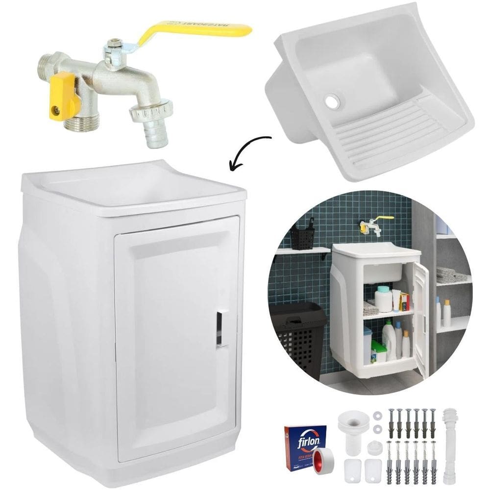 Gabinete Lavanderia Branco + Torneira Metal + Veda Rosca