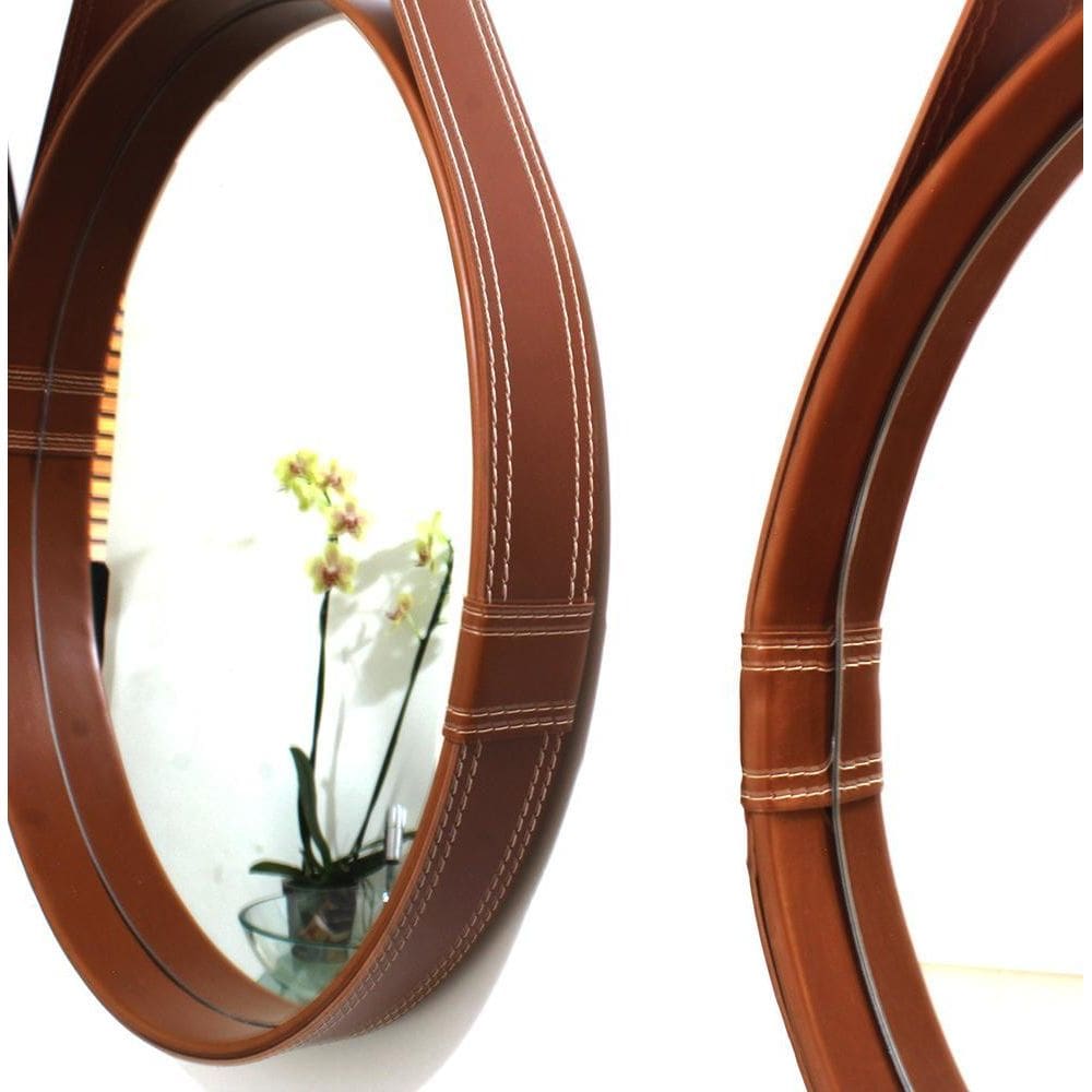 Espelho Redondo Decorativo Moldura Alça Couro 40Cm Caramelo