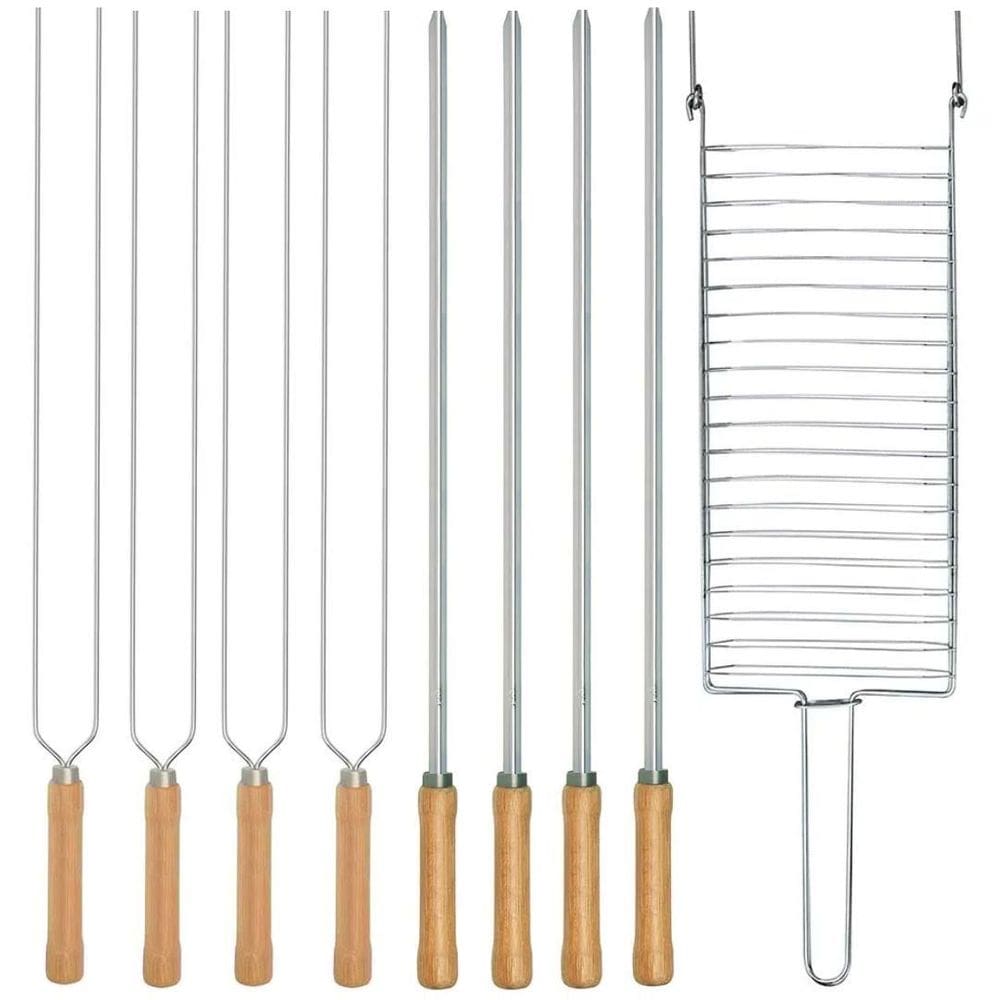 Kit Preparo Churrasco 9Pc Grelha Espetos Simples E Duplo Mor
