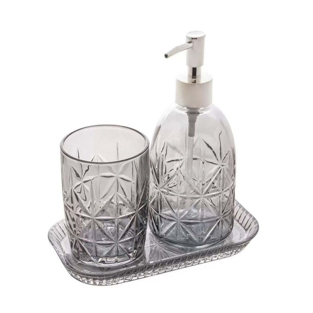 Kit Higiene Banheiro 3 Peças De Vidro Paris Lyor Cinza/Prata