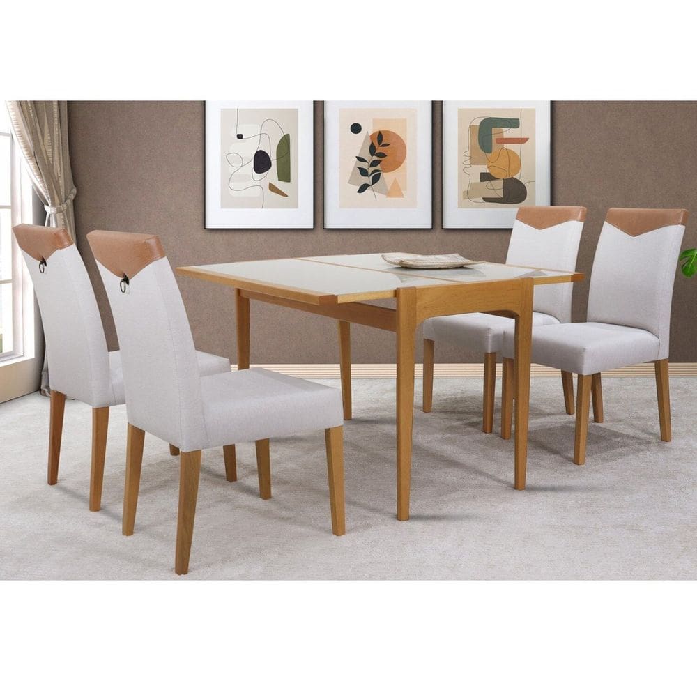 Conjunto Sala de Jantar Mesa Aparador Extensível 53x106 Tampo Vidro e 04 Cadeiras Estofada Amendoa