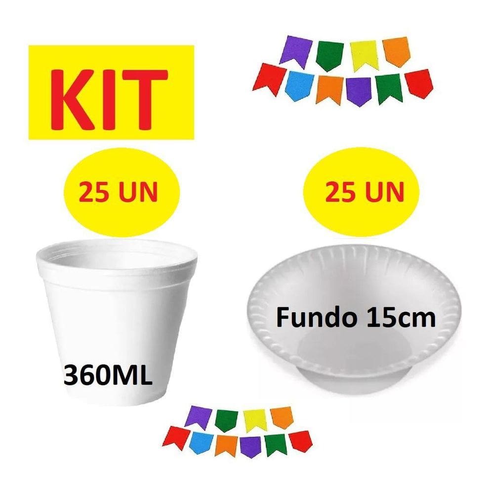 Kit Descartáveis Isopor 25 Potes+25 Cumbucas Festa Junina