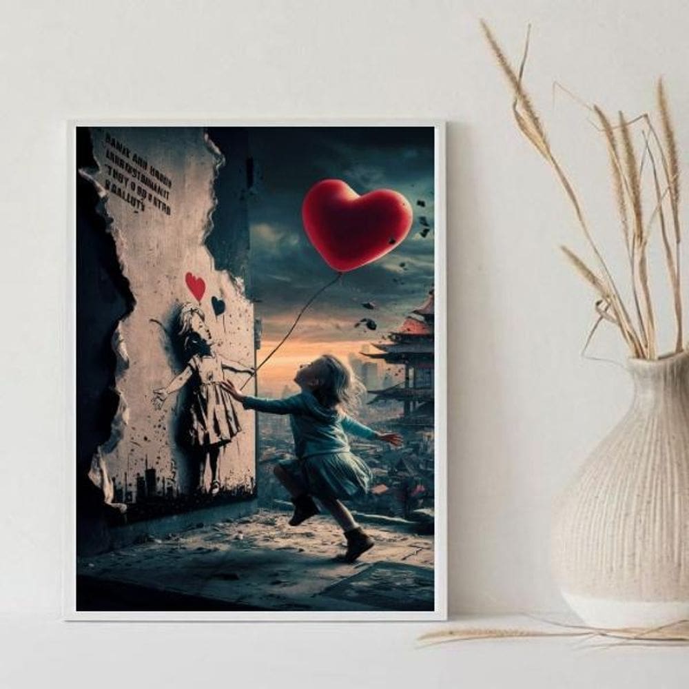 Quadro Arte Menina Balão Coração 33X24Cm - Com Vidro