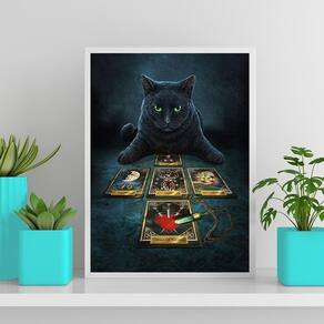 Quadro Gato Preto Com Tarot 24X18Cm - Com Vidro Preta