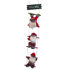 Placa Feliz Natal Escada Madeira 90cm 3 Bonecos Papai Noel Pelúcia - Master Christmas
