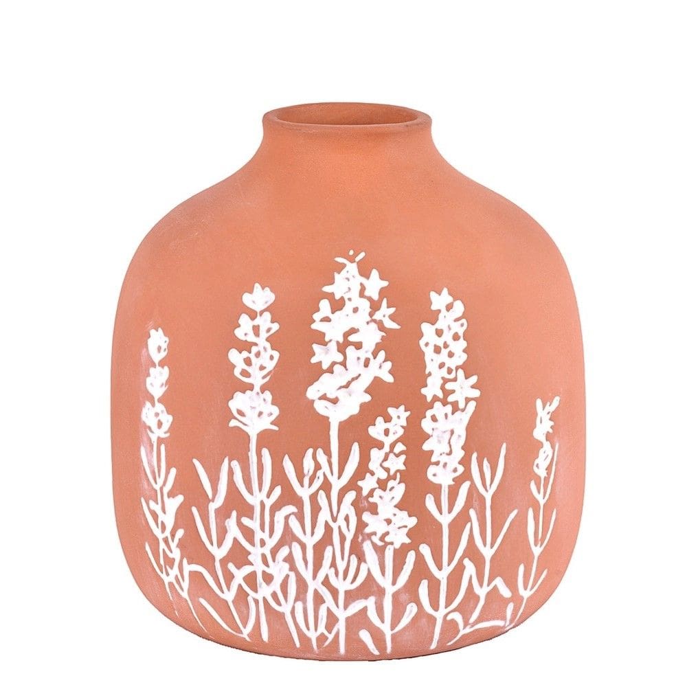 Vaso Em Terracota Telha Com Lavandas Em Branco 15Cm