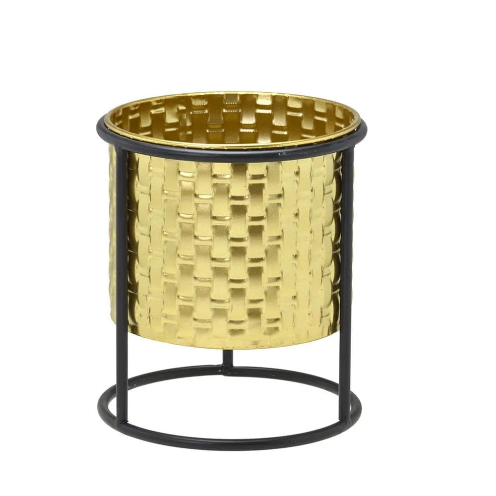 Cachepot Dourado Em Metal Com Suporte 19Cm