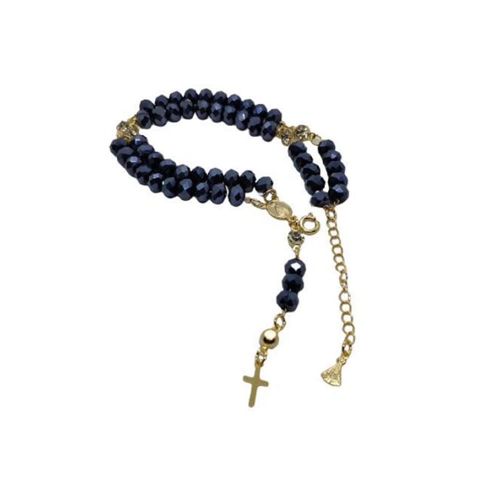 Terço Pulseira Azul Escuro E Dourado