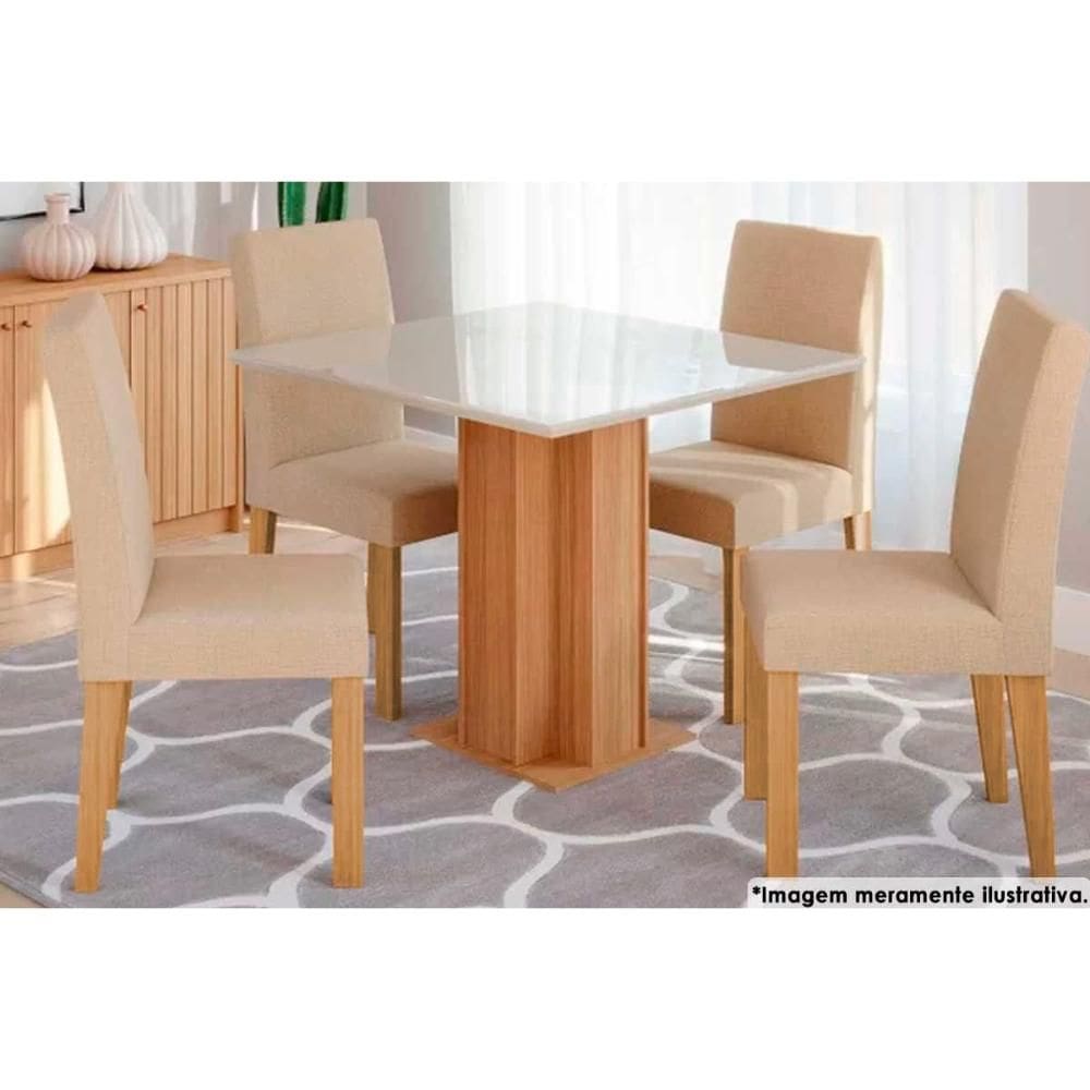 Sala de Jantar Completa Sophia c/ Tampo Madeirado c/ Vidro 95x95cm e 4 Cadeiras Maia Savana-Cinamomo/Suede Gengibre Bege - Cimol
