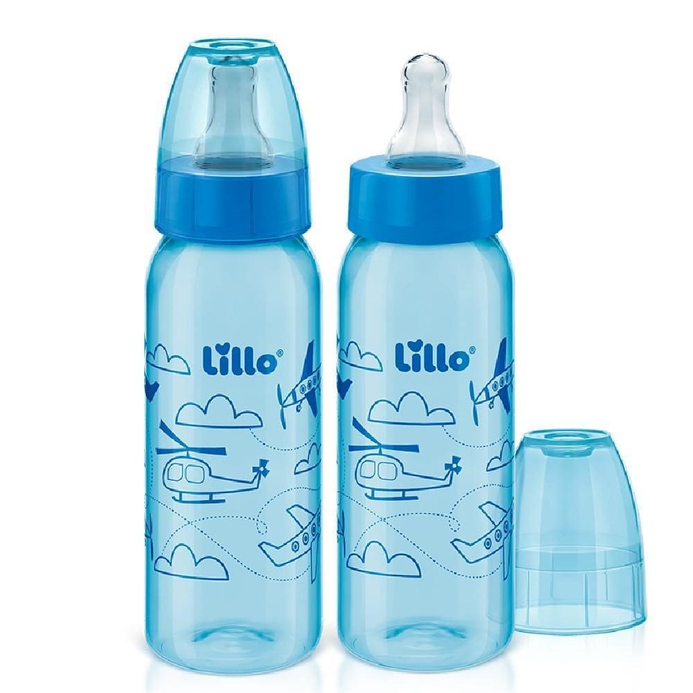 Kit Com 2 Mamadeiras Divertidas 240Ml Bico 6M+ Azul - Lillo