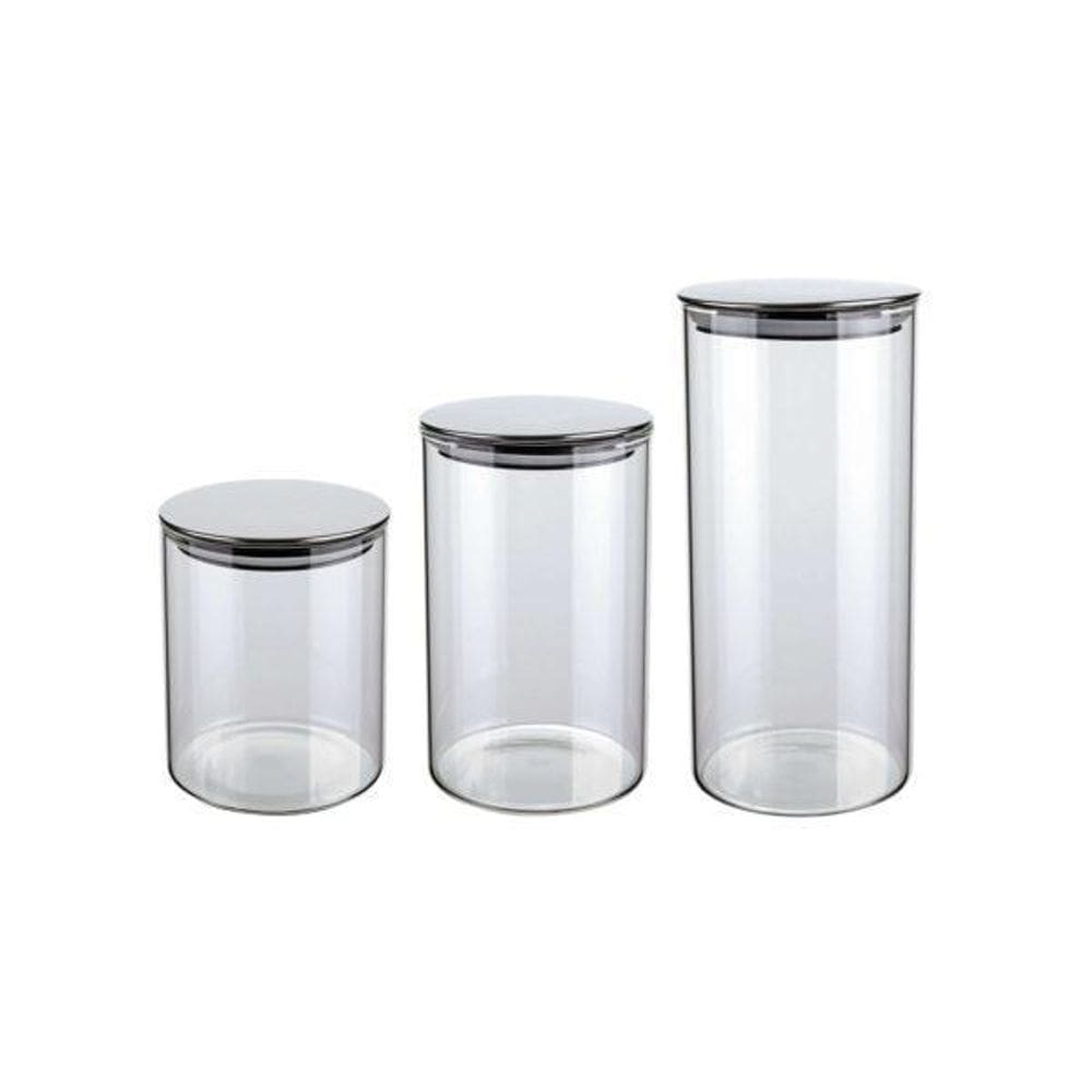 Jogo De Potes De Vidro Slim Ccom Tampa Inox 3 Peças