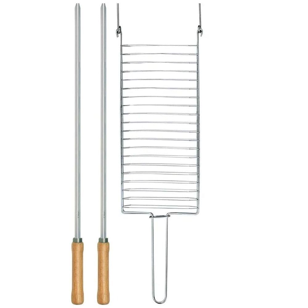 Kit Preparo Churrasco 3Pcs Churrasqueira Grelha Espetos 65Cm