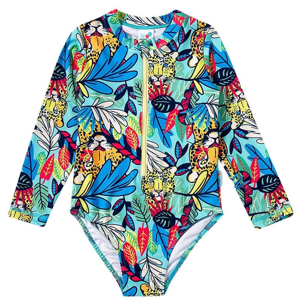 Maiô Manga Longa Infantil Onça Tropical Verde Água Tip Top