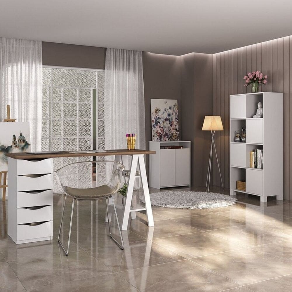 Kit 3 Peças com Escrivaninha Moderna com Pés de Cavalete, Armário com Nichos e Balcão 2 Portas Nogal/Branco
