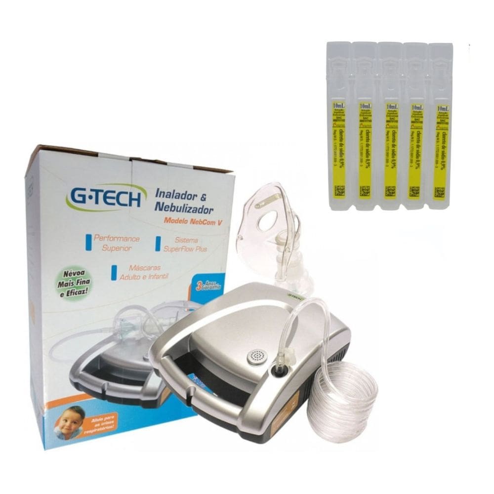 Inalador Nebulizador NebCom Super Flow Plus + Soro Fisiológico G-tech