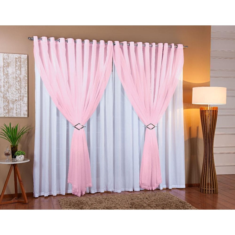 Cortina Voil Forro Microfibra 7,00 X 2,00 Branco E Rosa