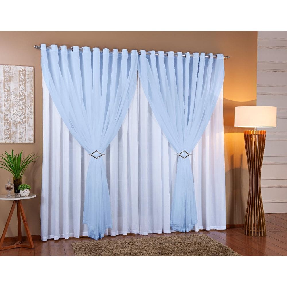 Cortina Voil Forro Microfibra 6,00 X 2,80 Branco E Azul