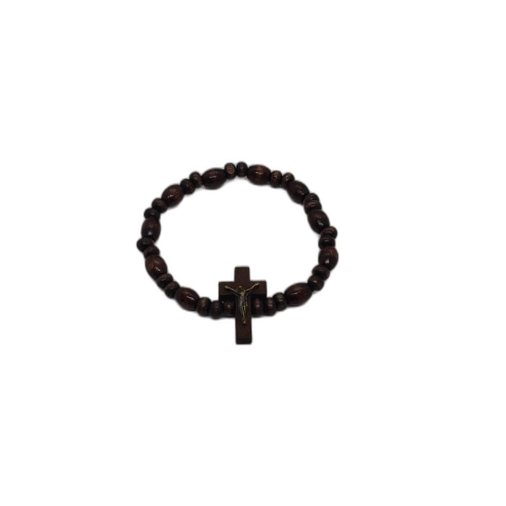 Pulseira Madeira Com Cruz - Marrom