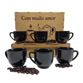 Jogo 6 Xicaras 170Ml Porcelana Para Café Chá Caixa Mdf Preto