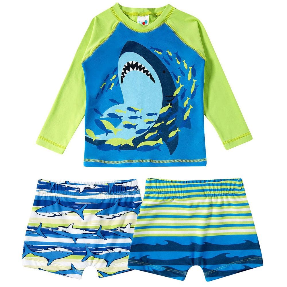 Conjunto Praia Infantil Camiseta e 2 Sungas Shark Verde Neon Tip Top