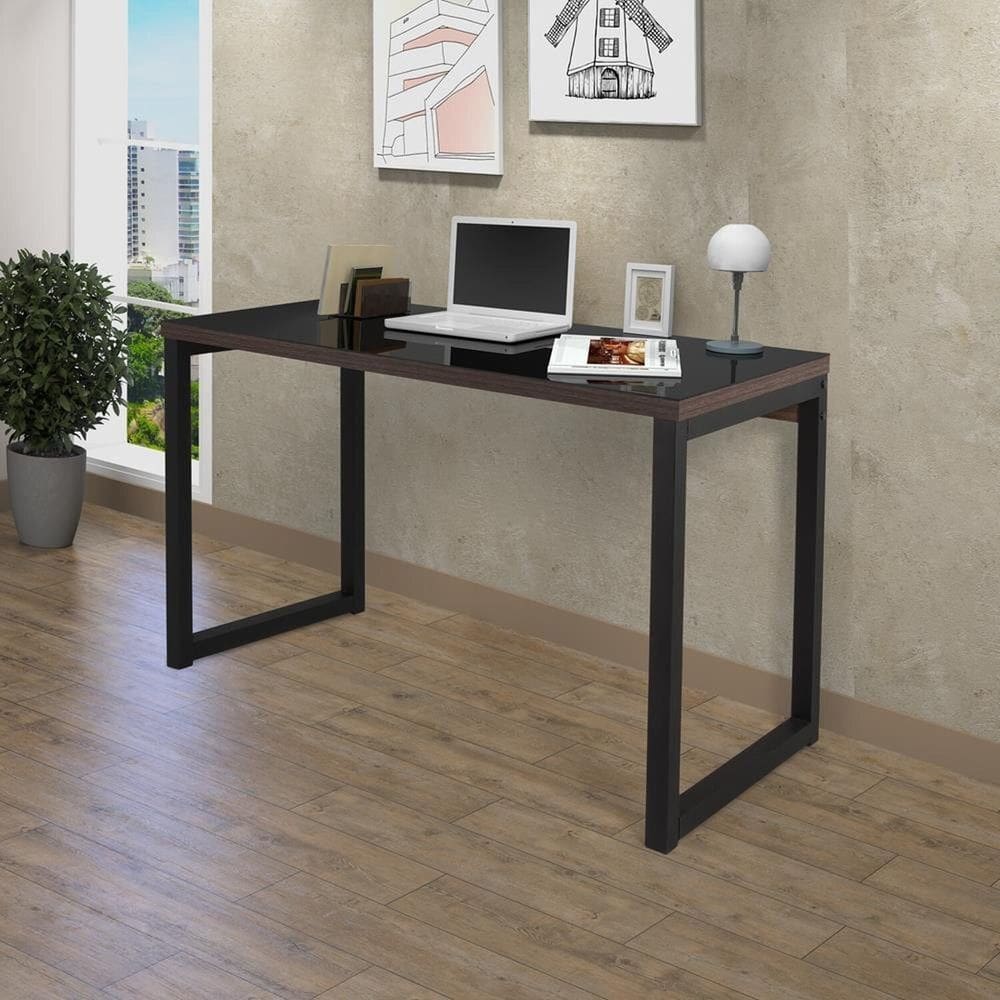 Escrivaninha Industrial 120cm com Tampo de Vidro Preto/Amêndoa