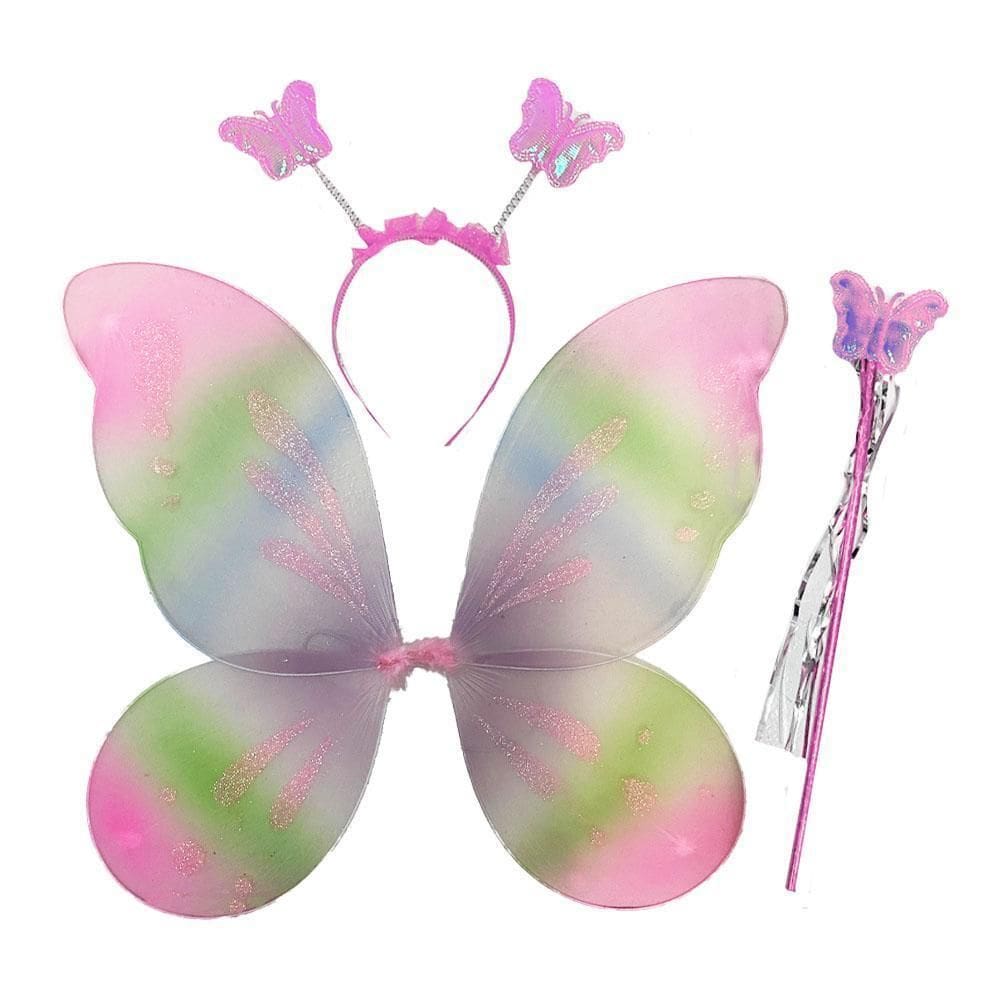 Kit Asa, Tiara E Varinha Borboleta Fada Rosa/Verde Fantasia