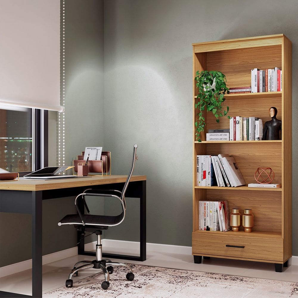 Conjunto Mesa Escritório com Estante 1 Gaveta 100% MDF Freijó Preto Fosco Pradel