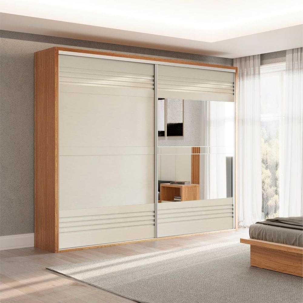Guarda Roupa 2 Portas de Correr 267x238cm Freijó Off White Espelho Dalla Costa