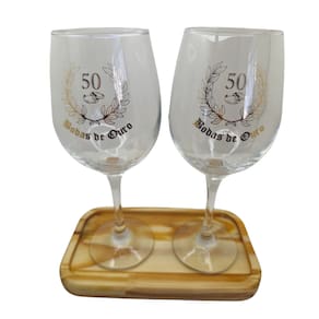 Kit 2 Taças Bandeja Bodas Ouro 50 anos Personalizada Vinho