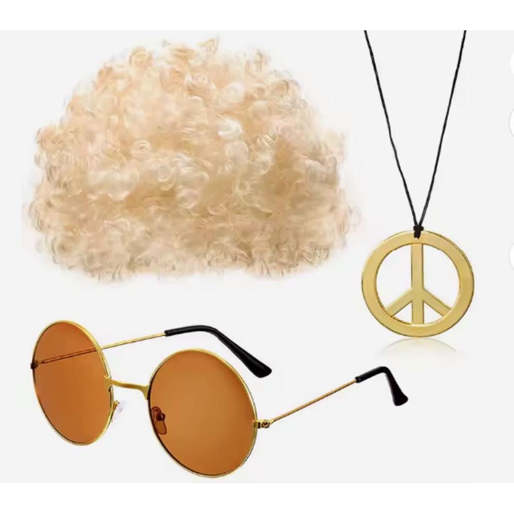 Peruca Hippie Afro Retrô colar e óculos festa anos 50 60 70