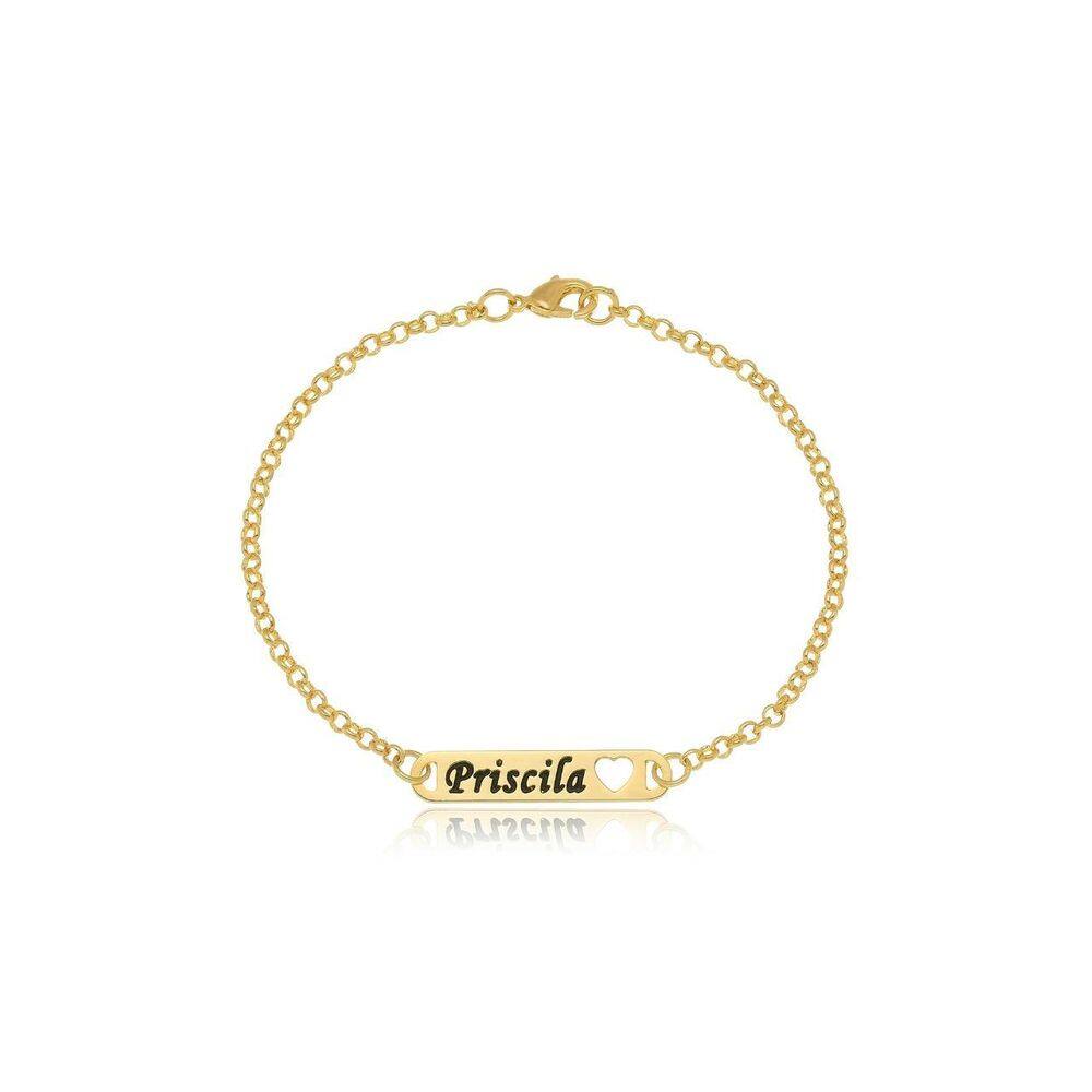 Pulseira Personalizada Chapada Nome Coracao Vazado Folheado