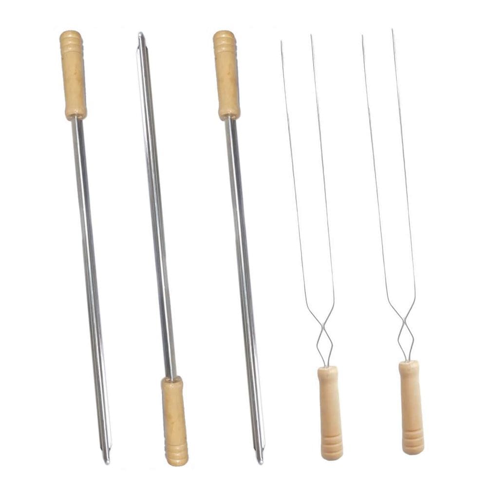 Kit 5 Espetos Simples E Duplo Inox Cabo Madeira Churrasco