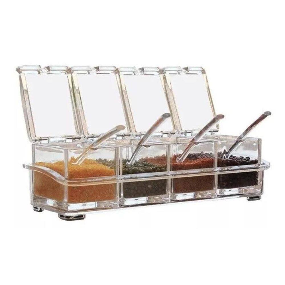 Kit 2 Porta Condimentos Com 4 Potes E 4 Colheres Em Acrílico