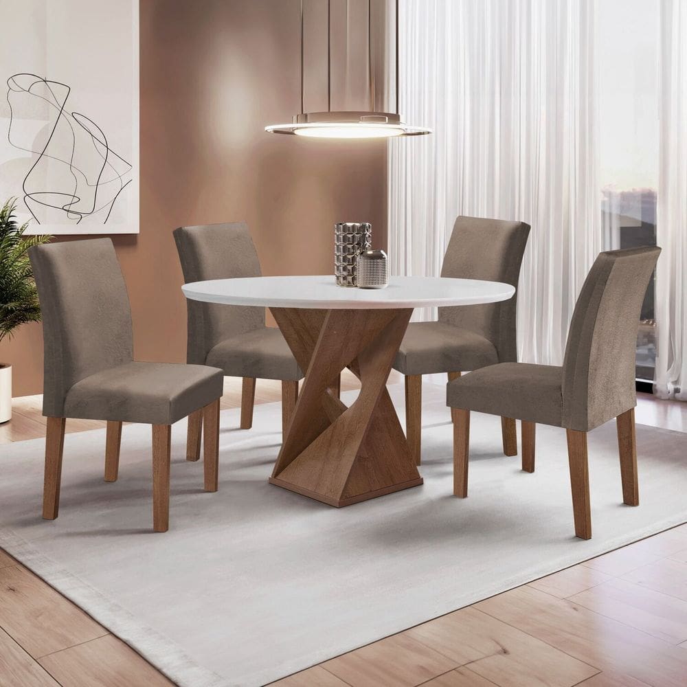 Conjunto Mesa Barcelona 100cmx100cm 4 Cadeiras Espanha Tampo Slim Plus Redondo Yescasa Chocolate/Off White/Bege Escuro