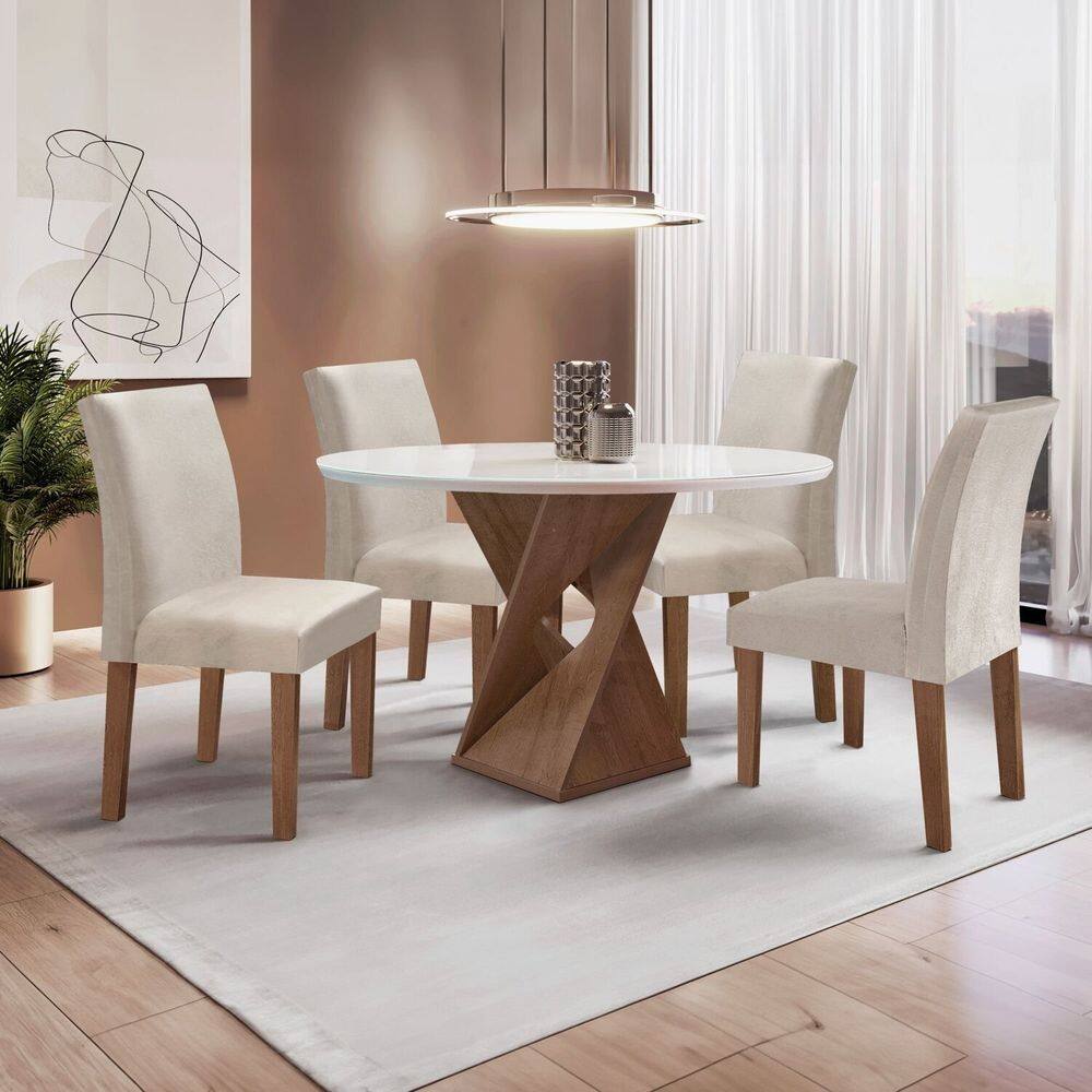 Conjunto Mesa Barcelona 100cmx100cm 4 Cadeiras Espanha Tampo Slim Plus Redondo Vidro Yescasa Chocolate/Off White/Gelo