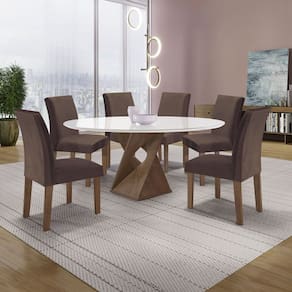 Conjunto Mesa Barcelona 120cmx120cm 6 Cadeiras Espanha Tampo Plus Redondo Vidro Yescasa Chocolate/Off White/Marrom