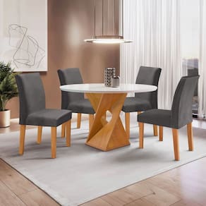 Conjunto Mesa Barcelona 100cmx100cm 4 Cadeiras Espanha Tampo Slim Plus Redondo Vidro Yescasa Cinamomo/Off White/Cinza