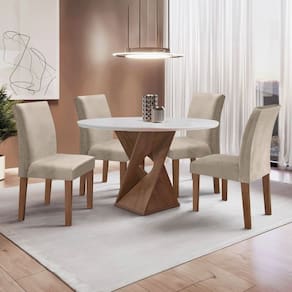 Conjunto Mesa Barcelona 100cmx100cm 4 Cadeiras Espanha Tampo Slim Plus Redondo Yescasa Chocolate/Off White/Bege