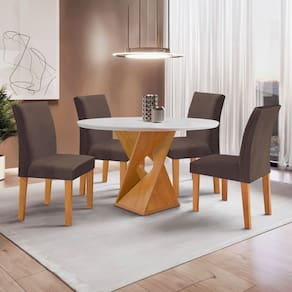 Conjunto Mesa Barcelona 100cmx100cm 4 Cadeiras Espanha Tampo Slim Plus Redondo Yescasa Cinamomo/Off White/Marrom