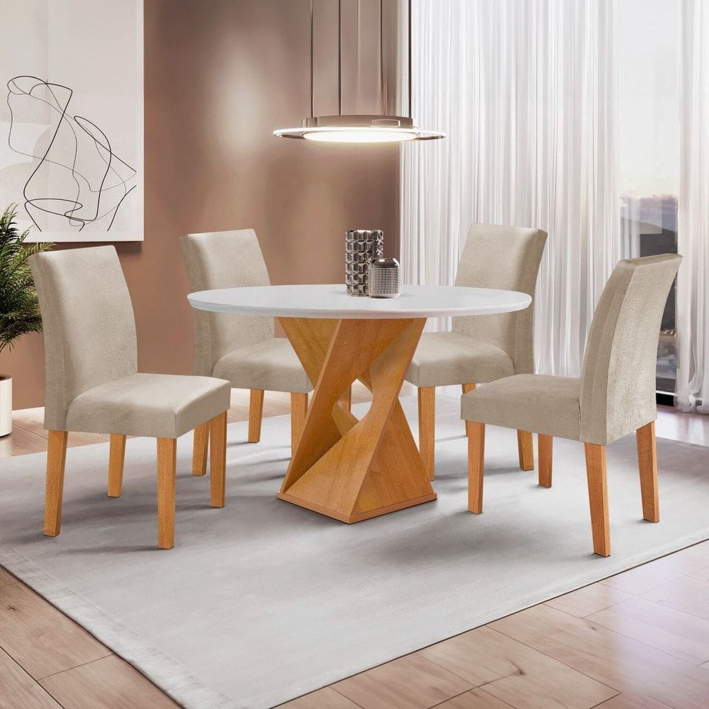 Conjunto Mesa Barcelona 100cmx100cm 4 Cadeiras Espanha Tampo Slim Plus Redondo Yescasa Cinamomo/Off White/Bege Claro