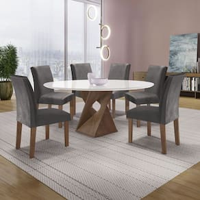 Conjunto Mesa Barcelona 120cmx120cm 6 Cadeiras Espanha Tampo Plus Redondo Vidro Yescasa Chocolate/Off White/Cinza