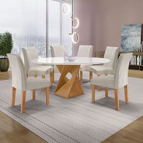 Conjunto Mesa Barcelona 120cmx120cm 6 Cadeiras Espanha Tampo Plus Redondo Vidro Yescasa Cinamomo/Off White/Gelo