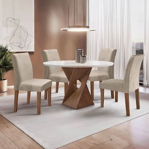 Conjunto Mesa Barcelona 100cmx100cm 4 Cadeiras Espanha Tampo Slim Plus Redondo Vidro Yescasa Chocolate/Off White/Bege