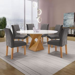 Conjunto Mesa Barcelona 120cmx120cm 6 Cadeiras Espanha Tampo Plus Redondo Vidro Yescasa Cinamomo/Off White/Cinza